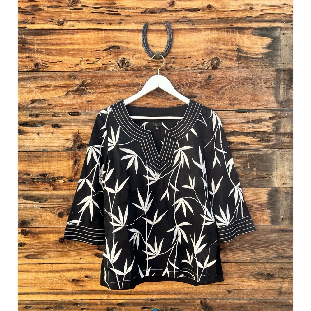 TALBOTS | Embroidered Bamboo B&W 3/4 Flowy Sleeves Blouse 8